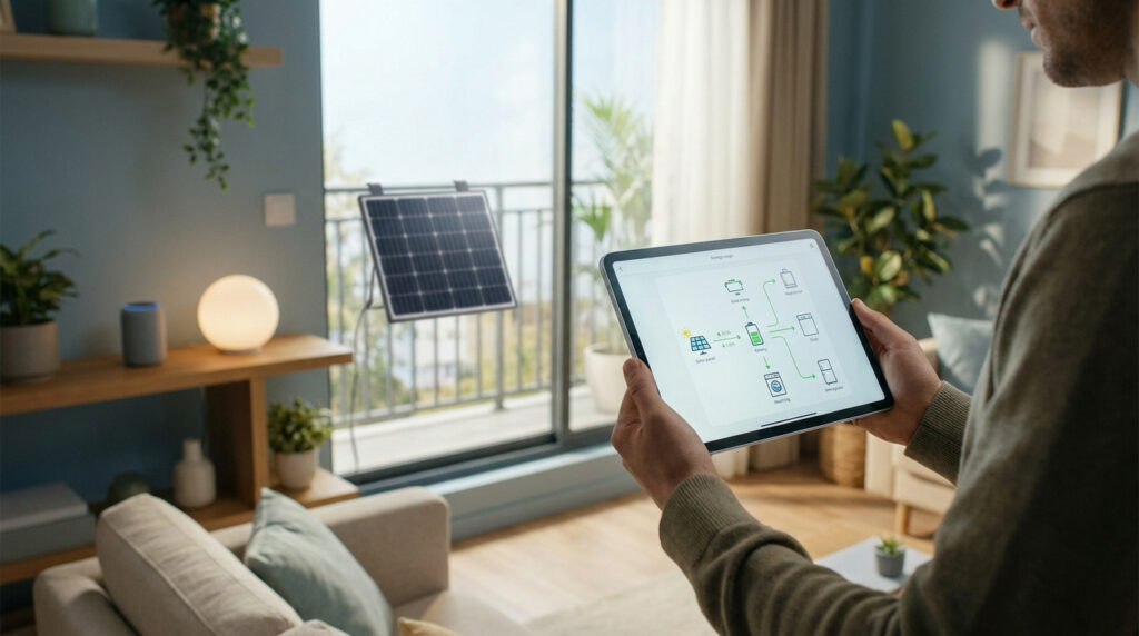 A man holding a tablet showing solar energy usage while a small solar panel is visible on the balcony in the background.