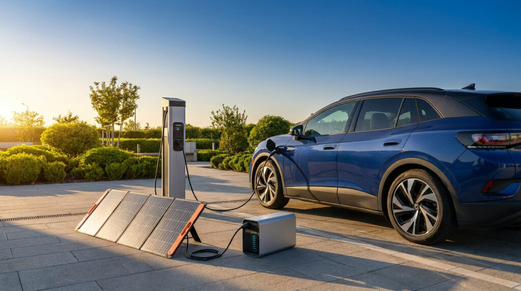 A blue electric vehicle charging at a station connected to a portable solar panel and battery power station outdoors.