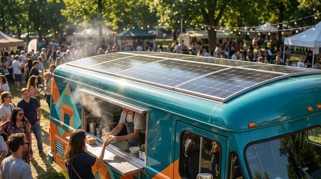 A vibrant teal food truck equipped with rooftop solar panels serving customers at a busy outdoor event.