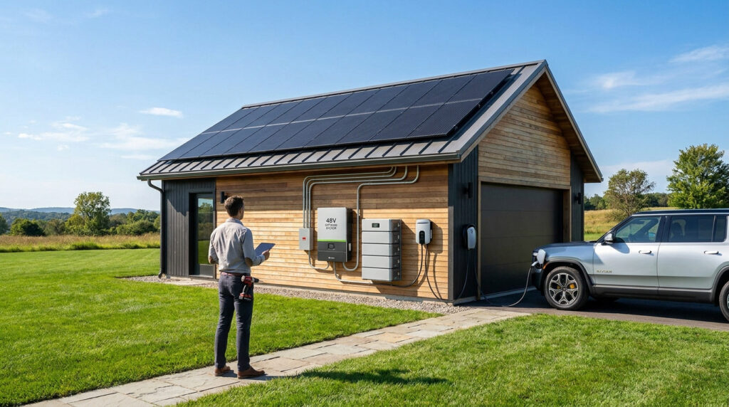 A technician monitors a solar power and battery storage system on a detached garage charging an electric vehicle.