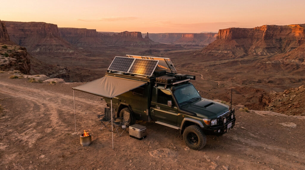 Green overland truck with roof-mounted solar panels parked on a desert cliff at sunset.