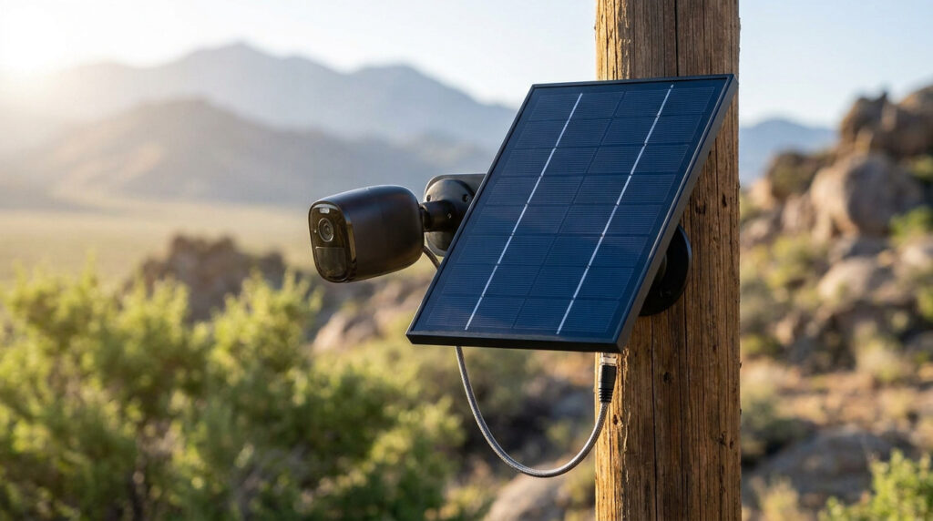 A solar panel and security camera mounted on a wooden post in a remote desert landscape during sunset.