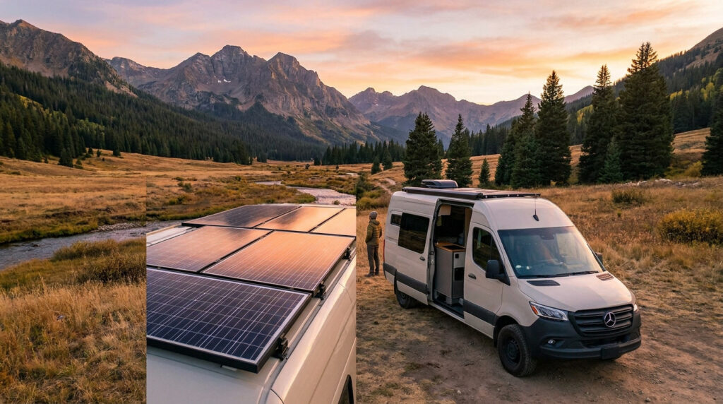 A camper van equipped with solar panels parked in a scenic mountain valley at sunset.