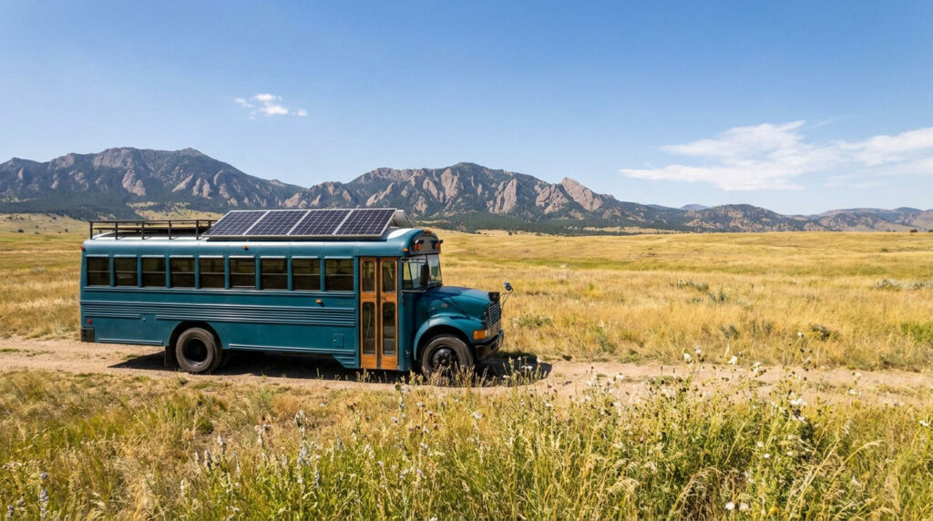 A teal converted school bus with solar panels on its roof, parked on a dirt road in a golden mountain field.