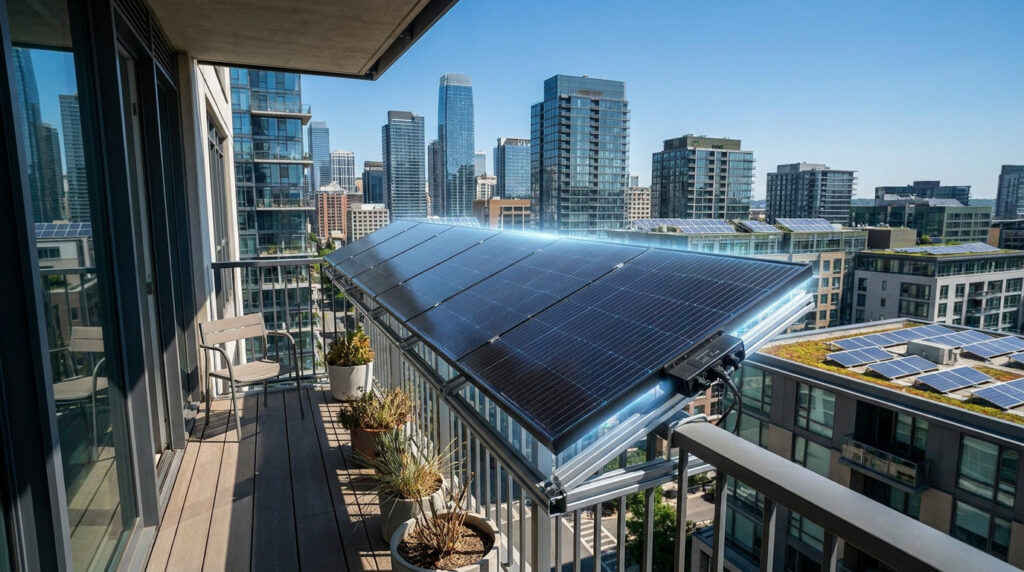 A solar panel mounted on a modern apartment balcony overlooking a city skyline with other buildings under a clear blue sky.