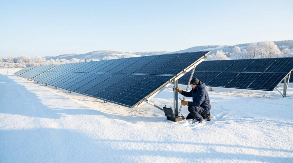 A technician in winter gear kneeling in the snow, inspecting solar panels at a power plant.